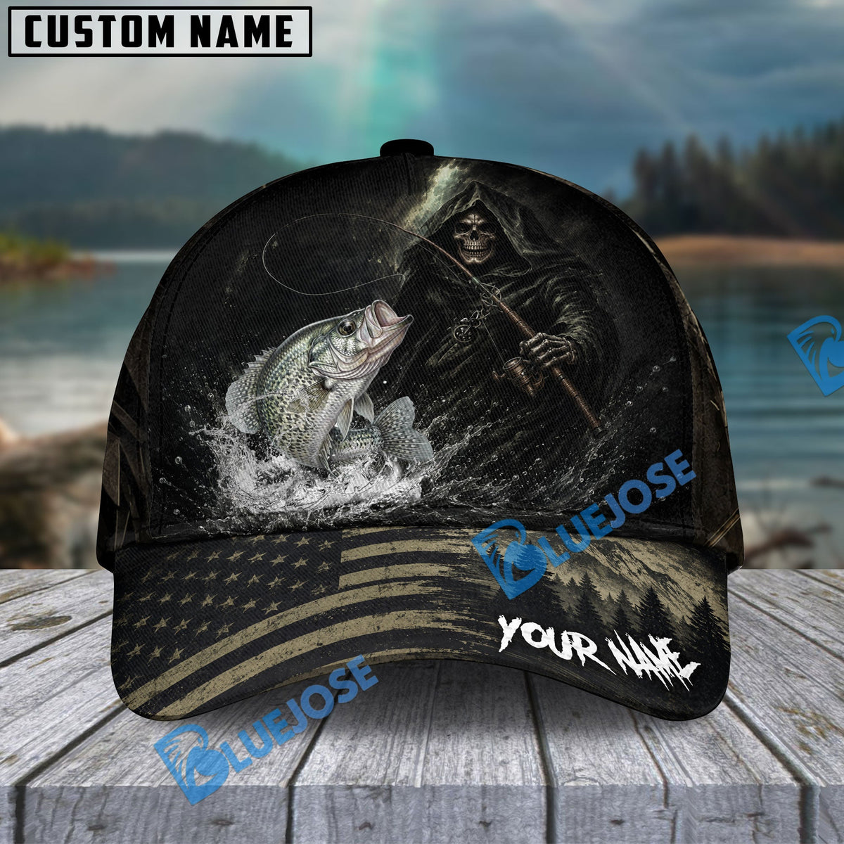 BlueJose Fishing Reaper Dark American Flag Personalized Name Classic 3D Cap (13 Breeds)