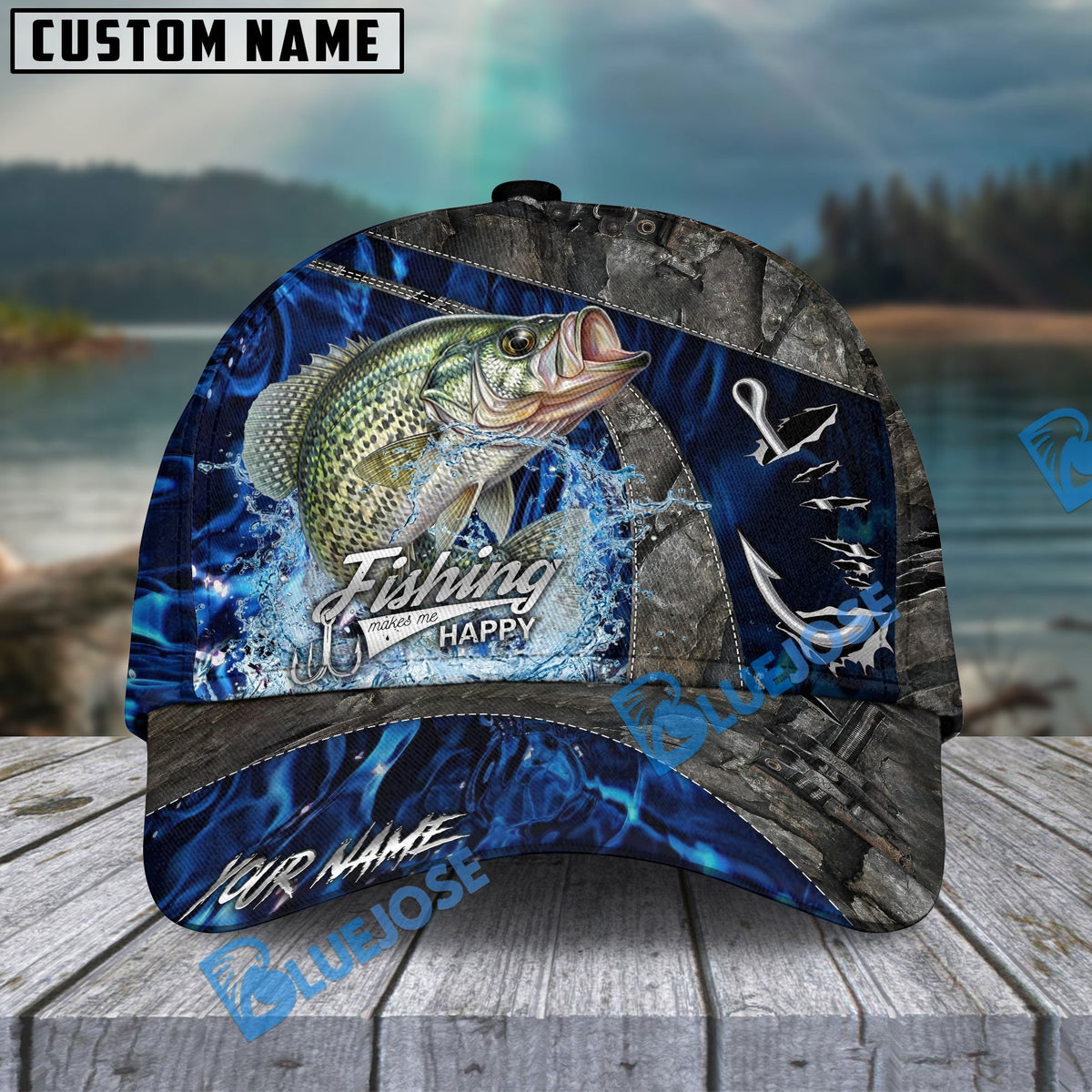 BlueJose Fishing Water Splash Camo Happy Personalized Name Classic 3D Cap Personalized Cap (13 Breeds)