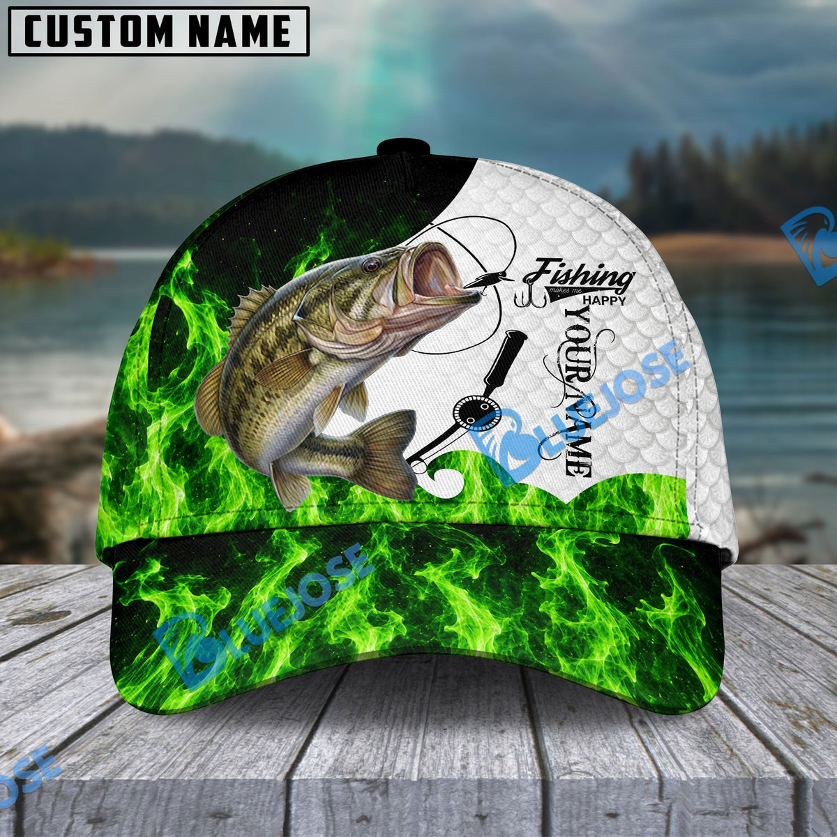 BlueJose Fishing Water Green Flame White Scale Personalized Name Classic 3D Cap (13 Breeds)