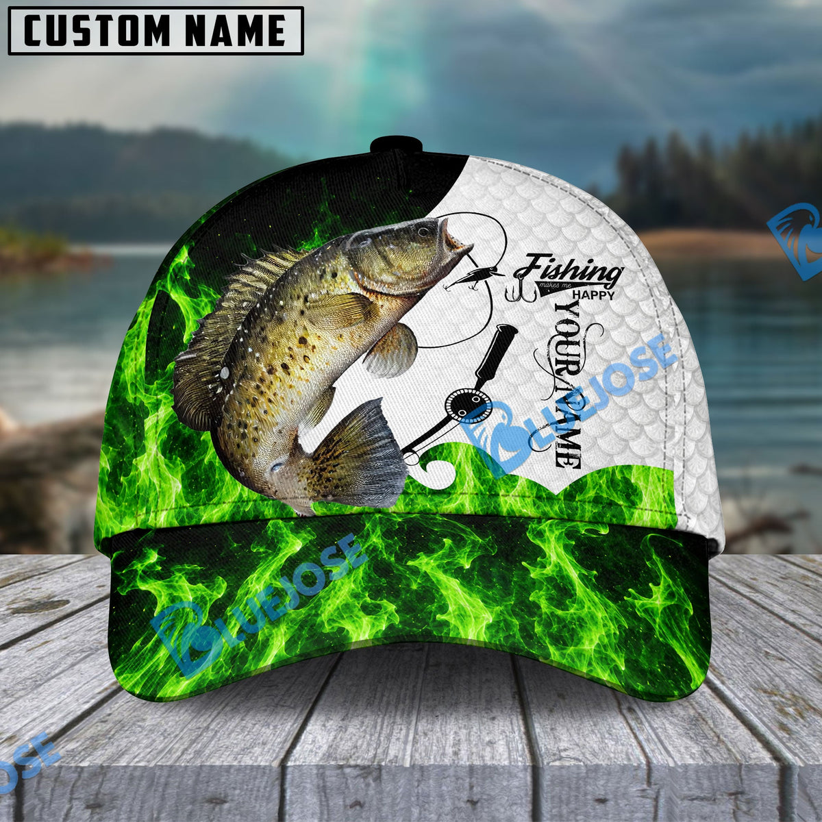 BlueJose Fishing Water Green Flame White Scale Personalized Name Classic 3D Cap (13 Breeds)