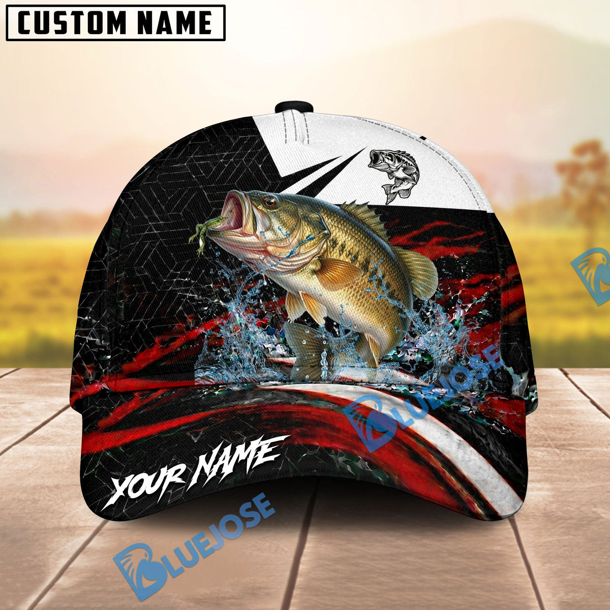 BlueJose Fishing Black Red Abstract Stripe Personalized Name Classic 3D Cap (13 Breeds)