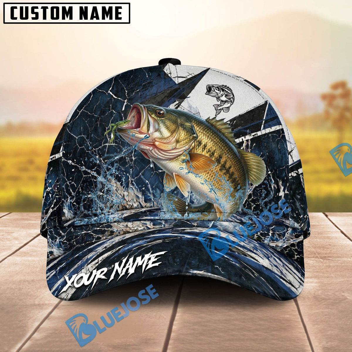 BlueJose Fishing Black White Crack Texture Splash Personalized Name Classic 3D Cap (13 Breeds)