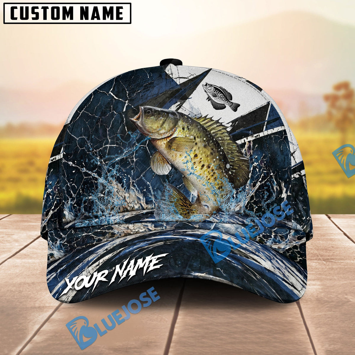 BlueJose Fishing Black White Crack Texture Splash Personalized Name Classic 3D Cap (13 Breeds)