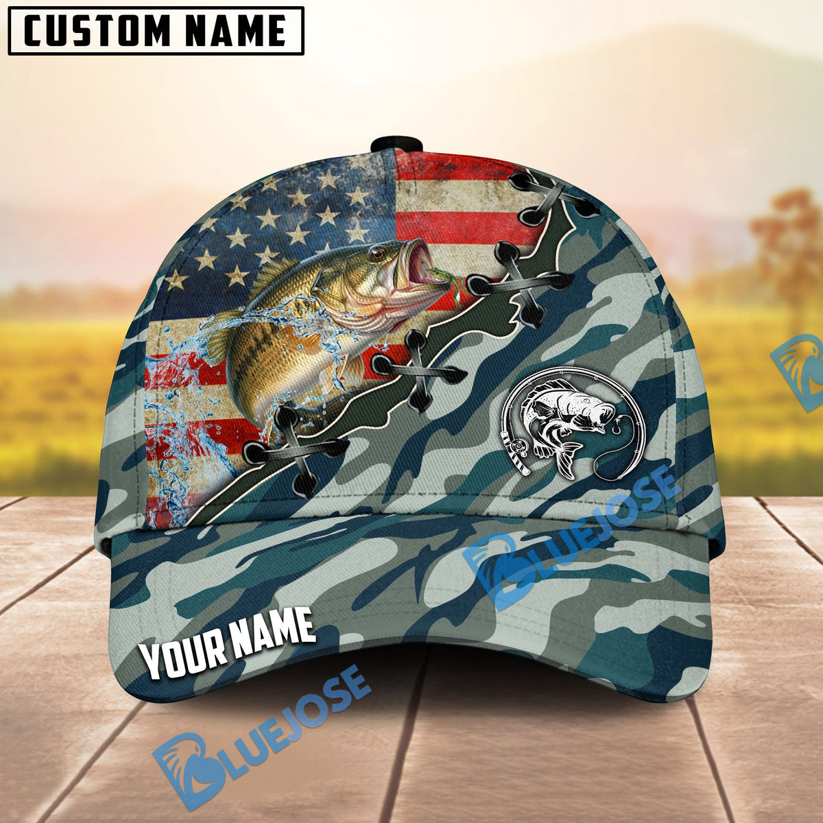 BlueJose Fishing American Flag Blue Camouflage Personalized Name Classic 3D Cap (13 Breeds)