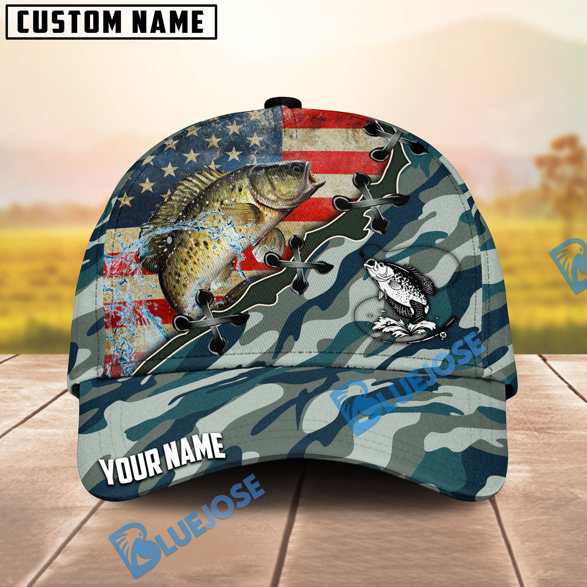 BlueJose Fishing American Flag Blue Camouflage Personalized Name Classic 3D Cap (13 Breeds)
