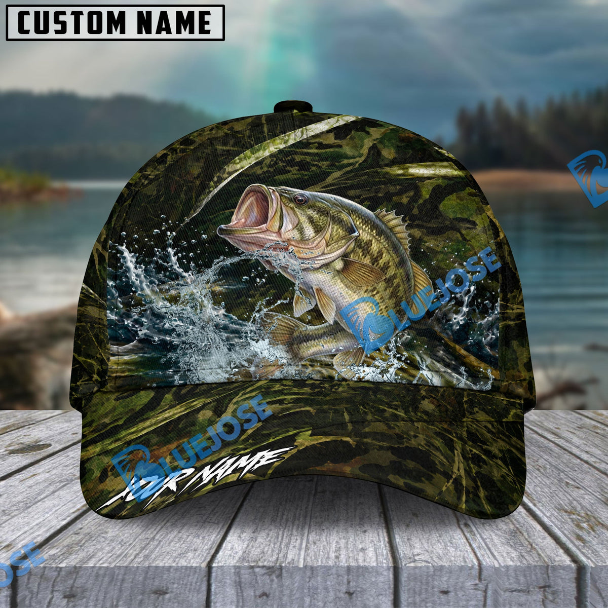 BlueJose Fishing Woodland Camouflage Water Splash Personalized Name Classic 3D Cap (13 Breeds)