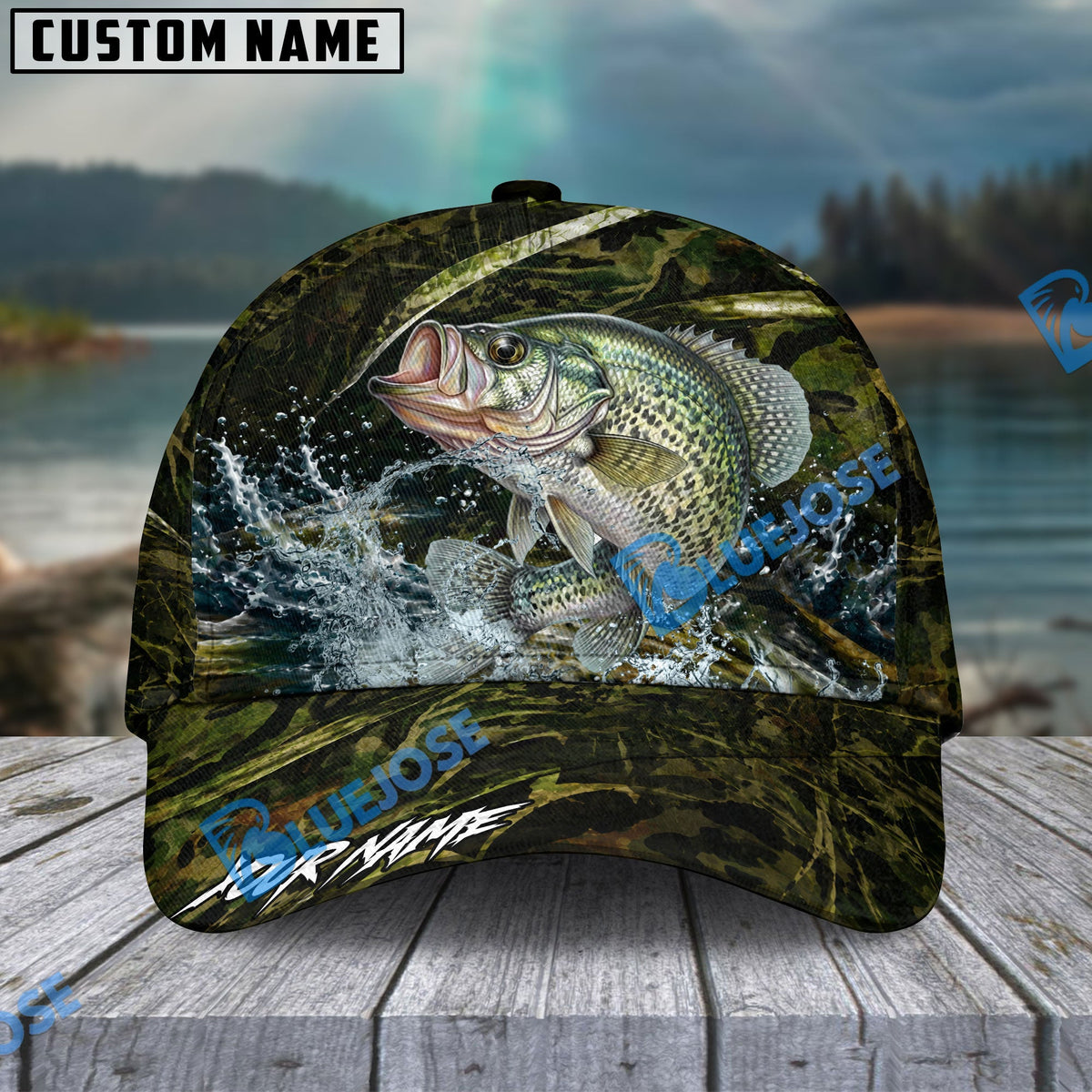 BlueJose Fishing Woodland Camouflage Water Splash Personalized Name Classic 3D Cap (13 Breeds)