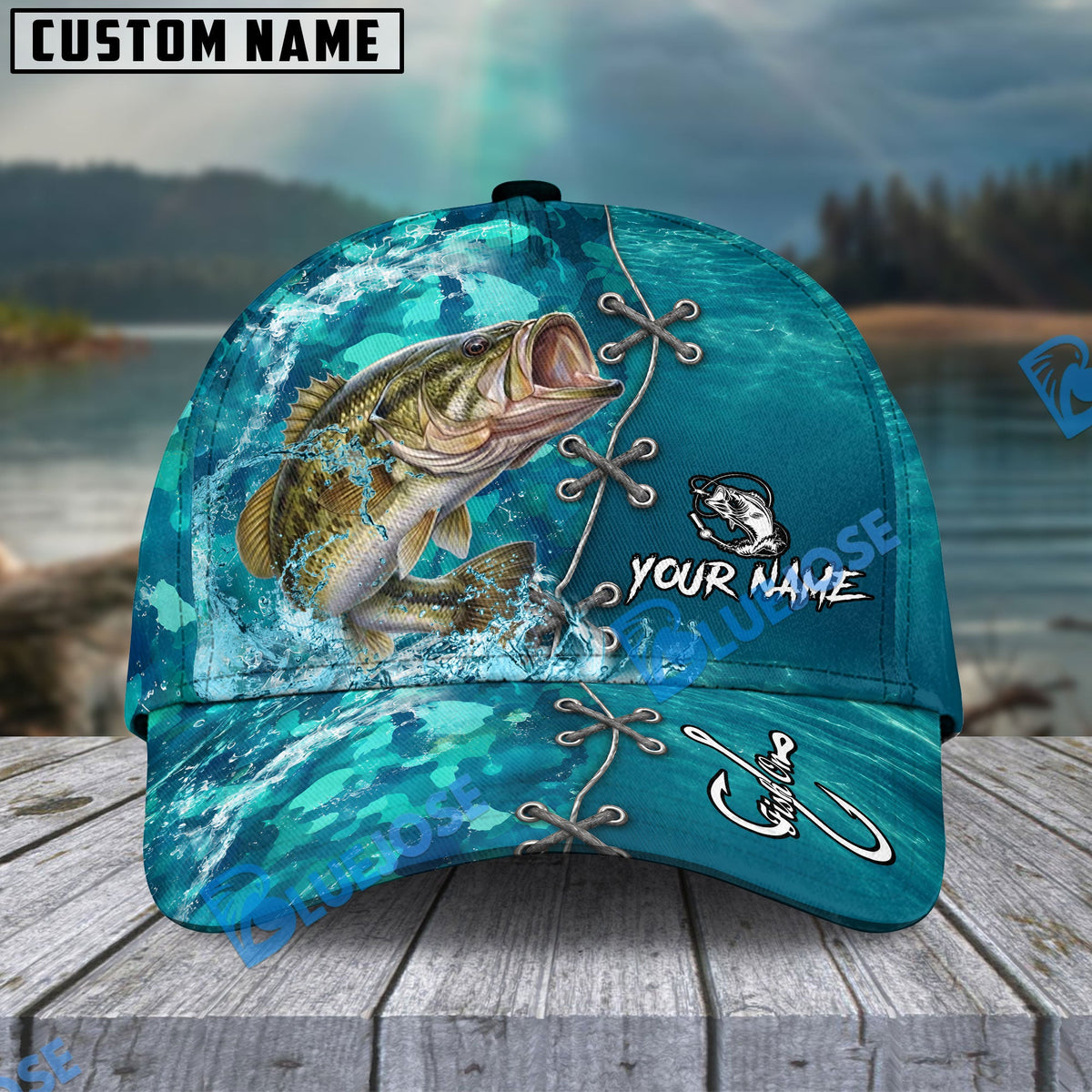 BlueJose Fishing Aqua Camouflage Lace Up Personalized Name Classic 3D Cap (13 Breeds)