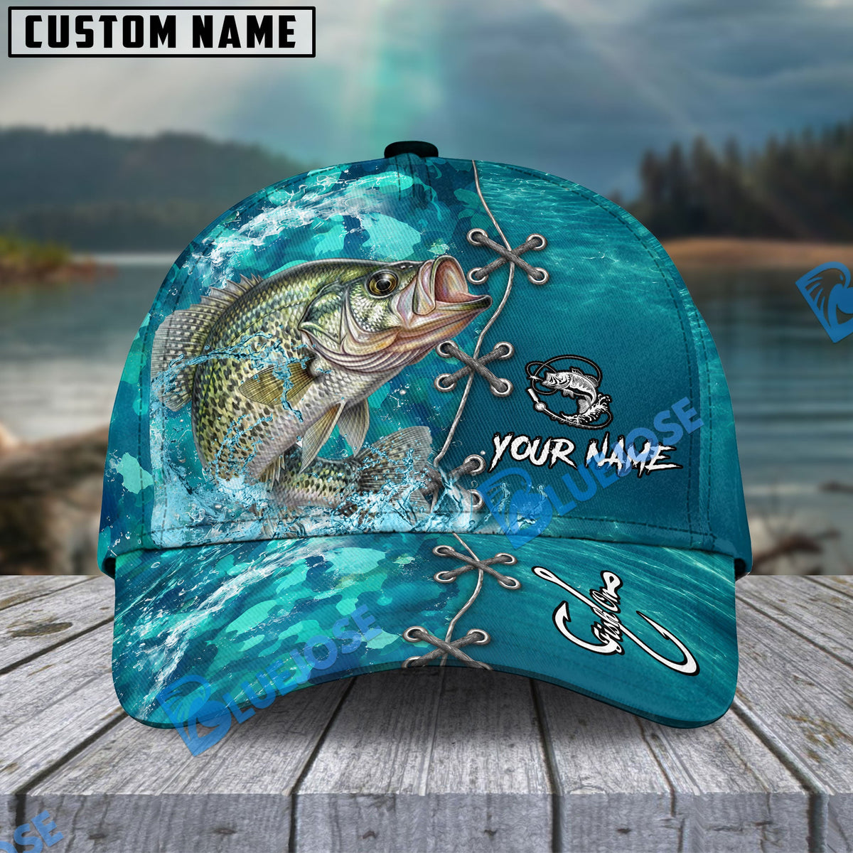 BlueJose Fishing Aqua Camouflage Lace Up Personalized Name Classic 3D Cap (13 Breeds)
