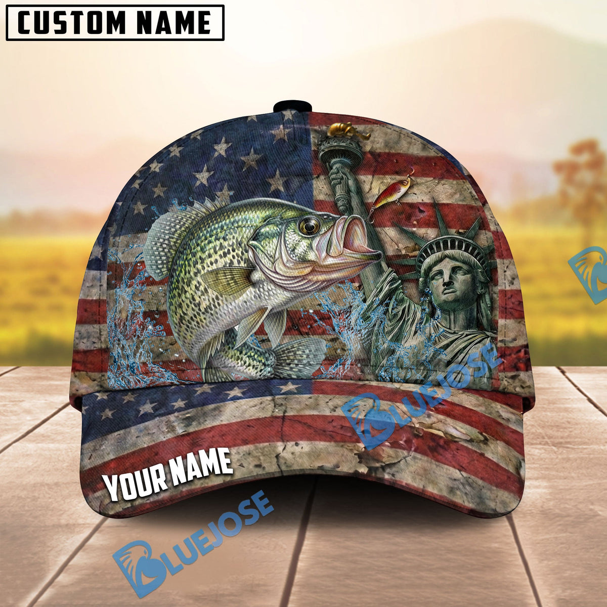 BlueJose Fishing Vintage USA Flag Statue Of Liberty Personalized Name Classic 3D Cap (13 Breeds)
