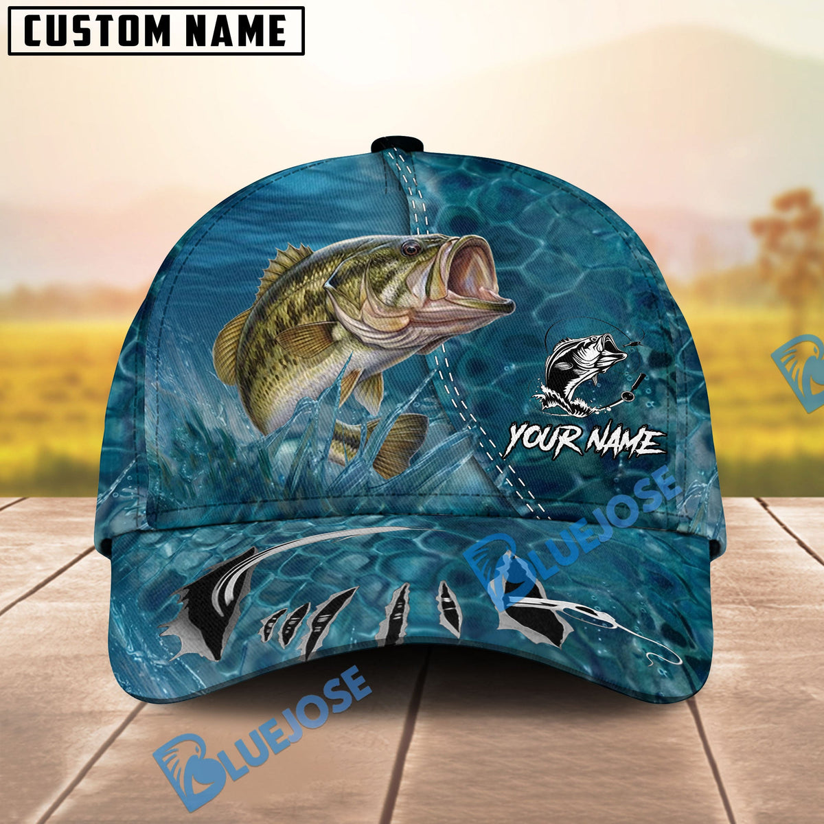 BlueJose Fishing Ocean Blue Underwater Texture Personalized Name Classic 3D Cap (13 Breeds)
