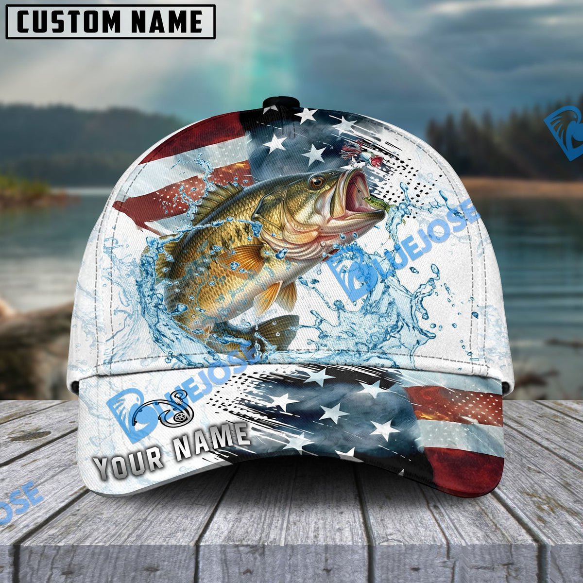BlueJose Fishing Jump Action American Flag Water Splash Art Personalized Cap (12 Breeds)