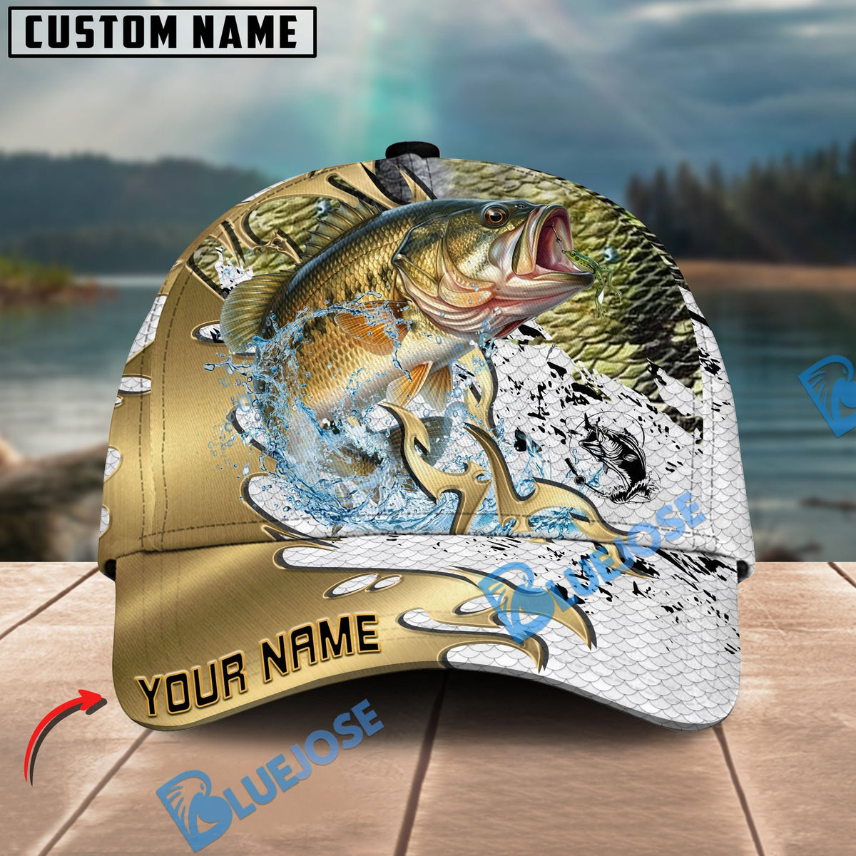 BlueJose Fishing Scale Pattern Gold Accent Water Splash Personalized Cap (13 Breeds)