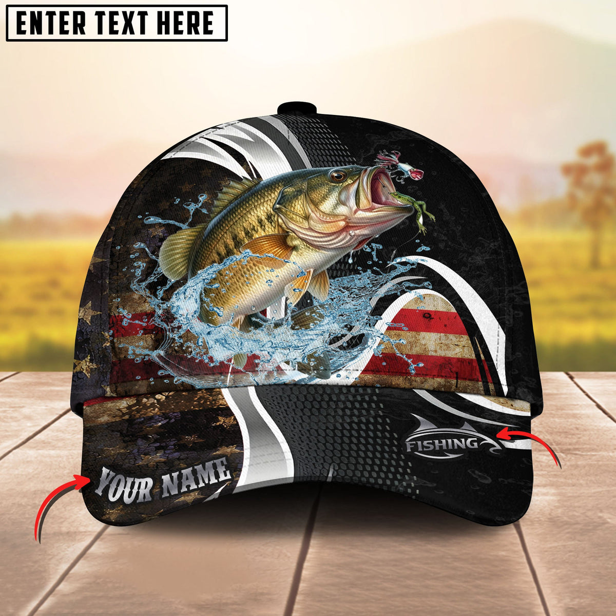 BlueJose Fishing American Flag Water Splash Graphic Personalized Cap (13 Breeds)