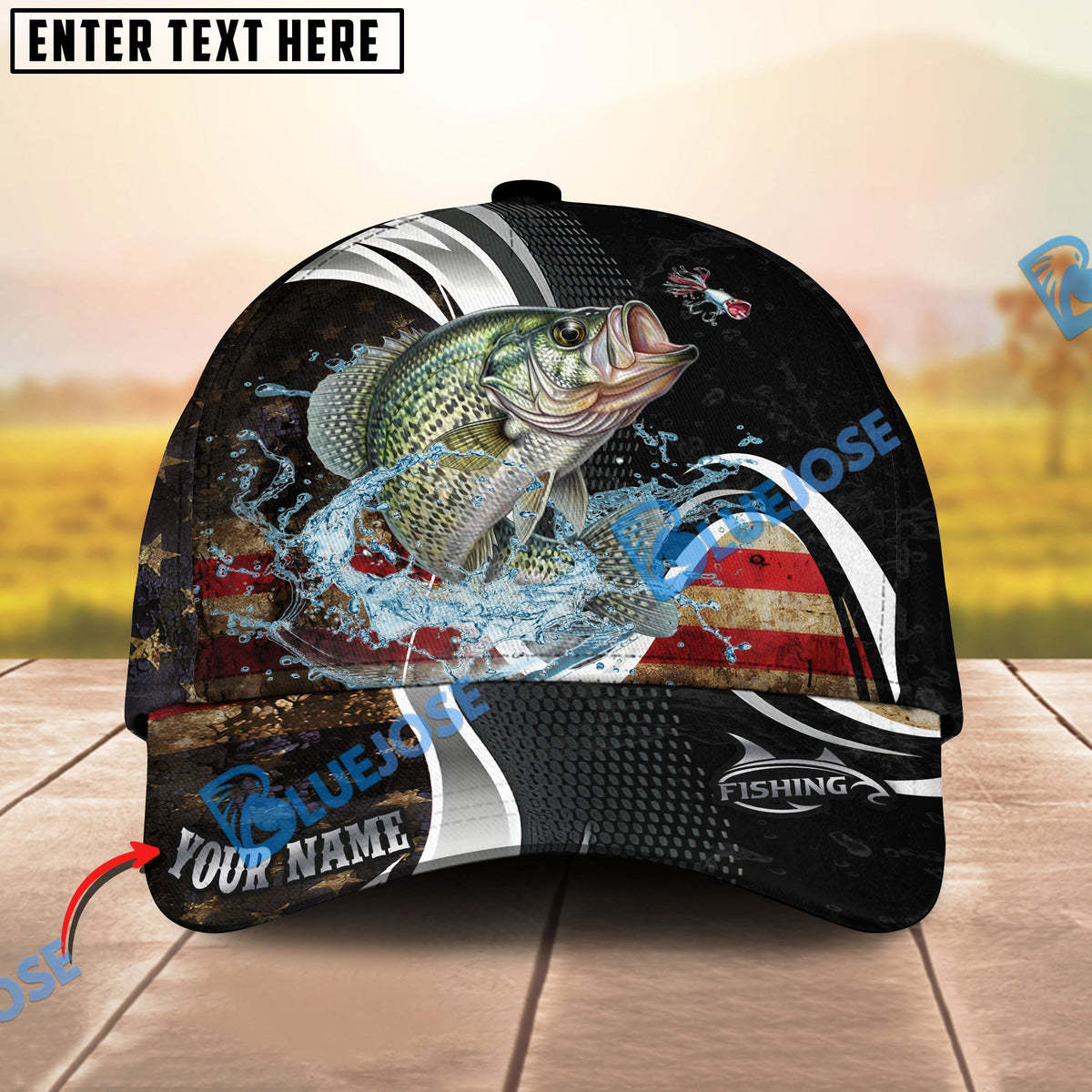 BlueJose Fishing American Flag Water Splash Graphic Personalized Cap (13 Breeds)