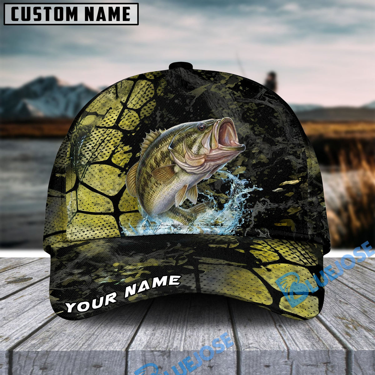BlueJose Fishing Cracked Texture Gold Black Splash Graphic Personalized Cap (13 Breeds)