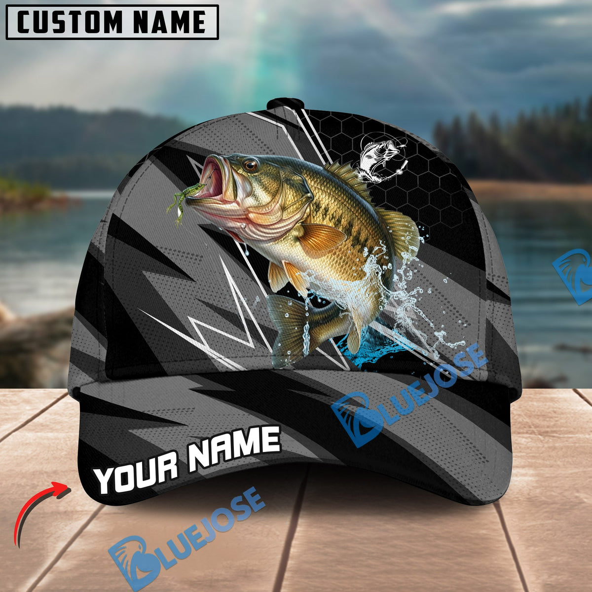 BlueJose Fishing Gray Jumping Water Splash Graphic Personalized Cap (13 Breeds)