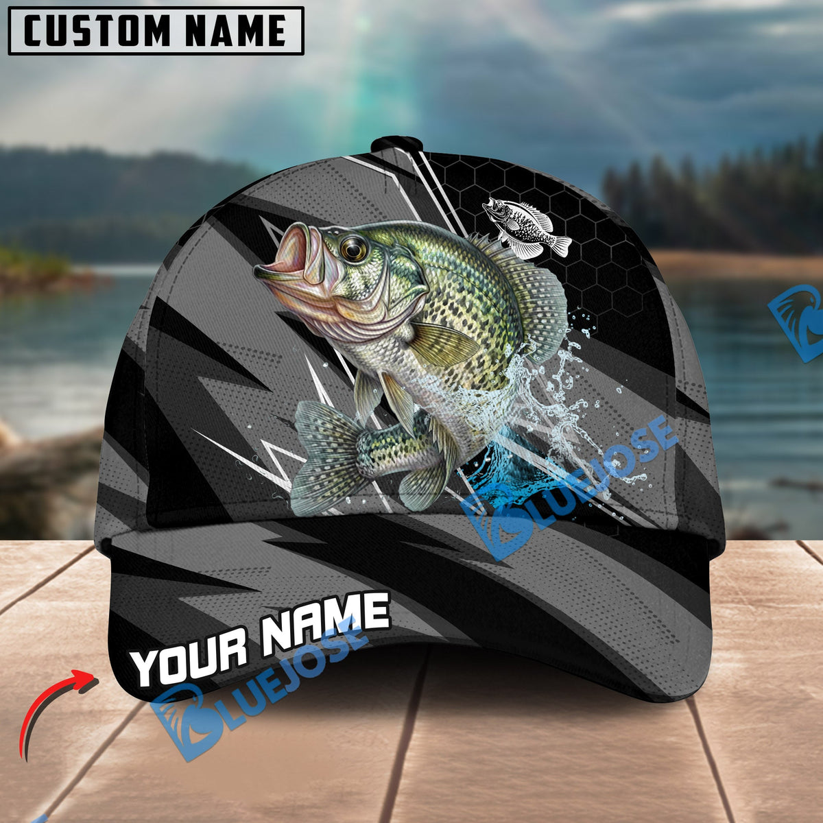 BlueJose Fishing Gray Jumping Water Splash Graphic Personalized Cap (13 Breeds)
