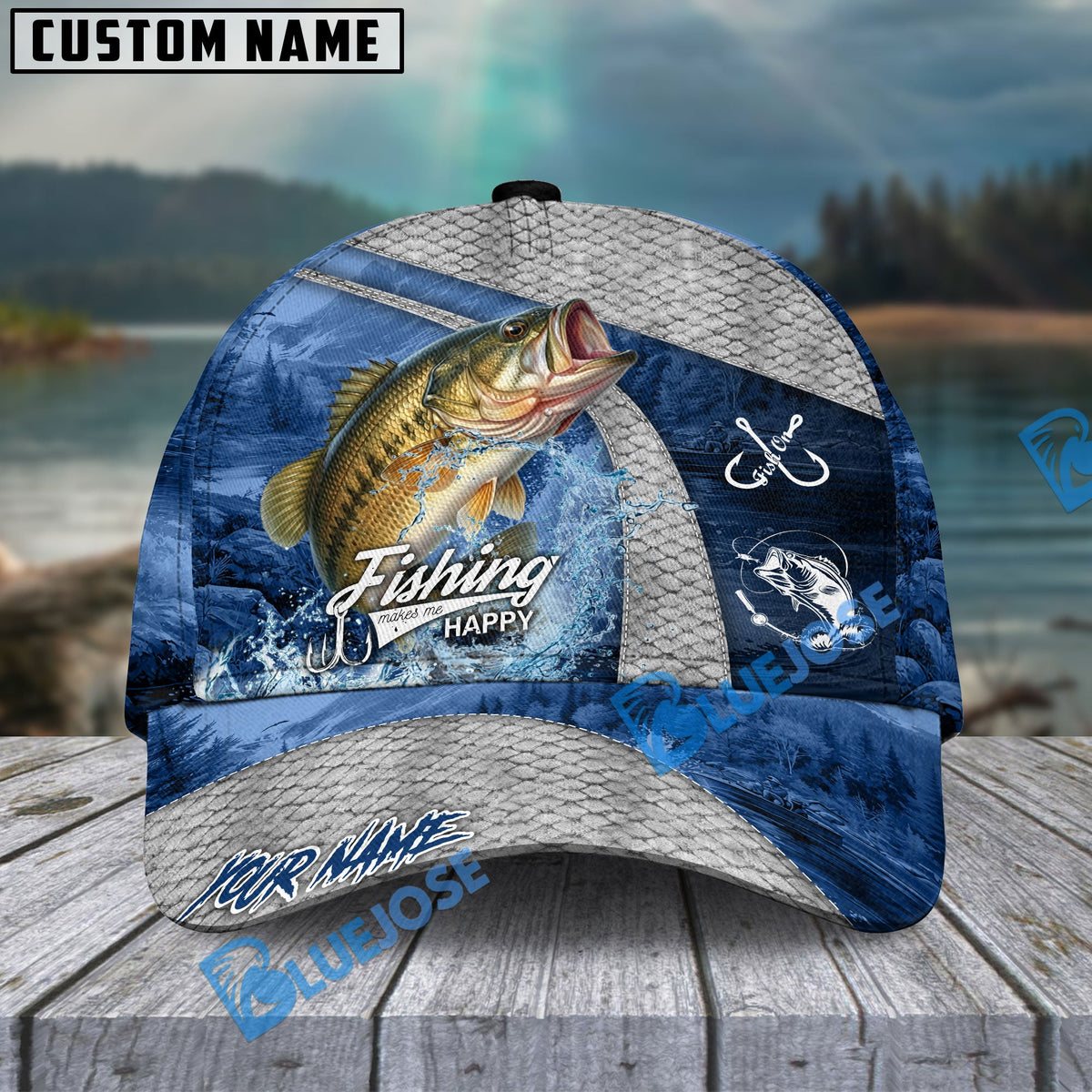 BlueJose Fishing Splash Water Fish Scale Lake View Personalized Name Classic 3D Cap (13 Breeds)
