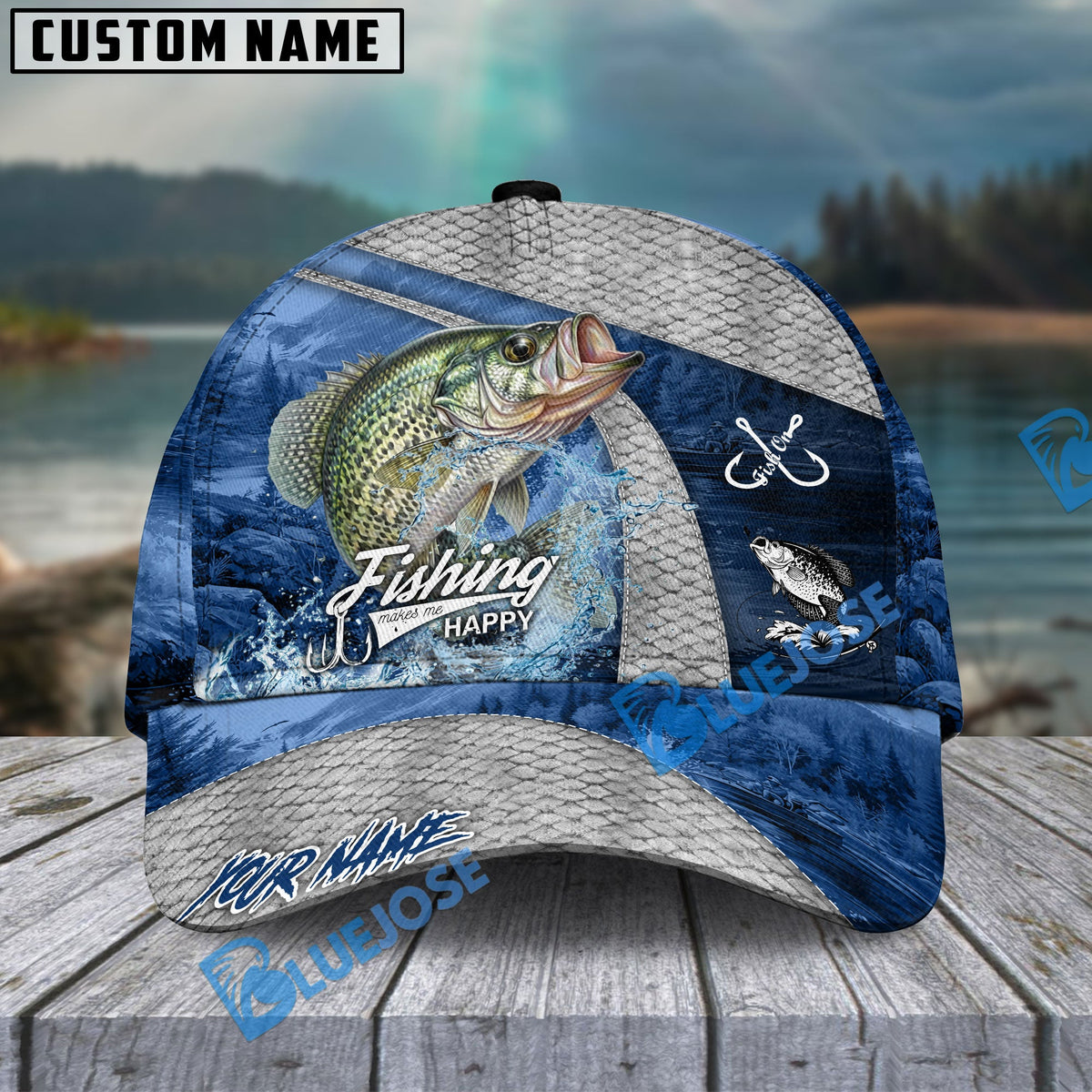 BlueJose Fishing Splash Water Fish Scale Lake View Personalized Name Classic 3D Cap (13 Breeds)