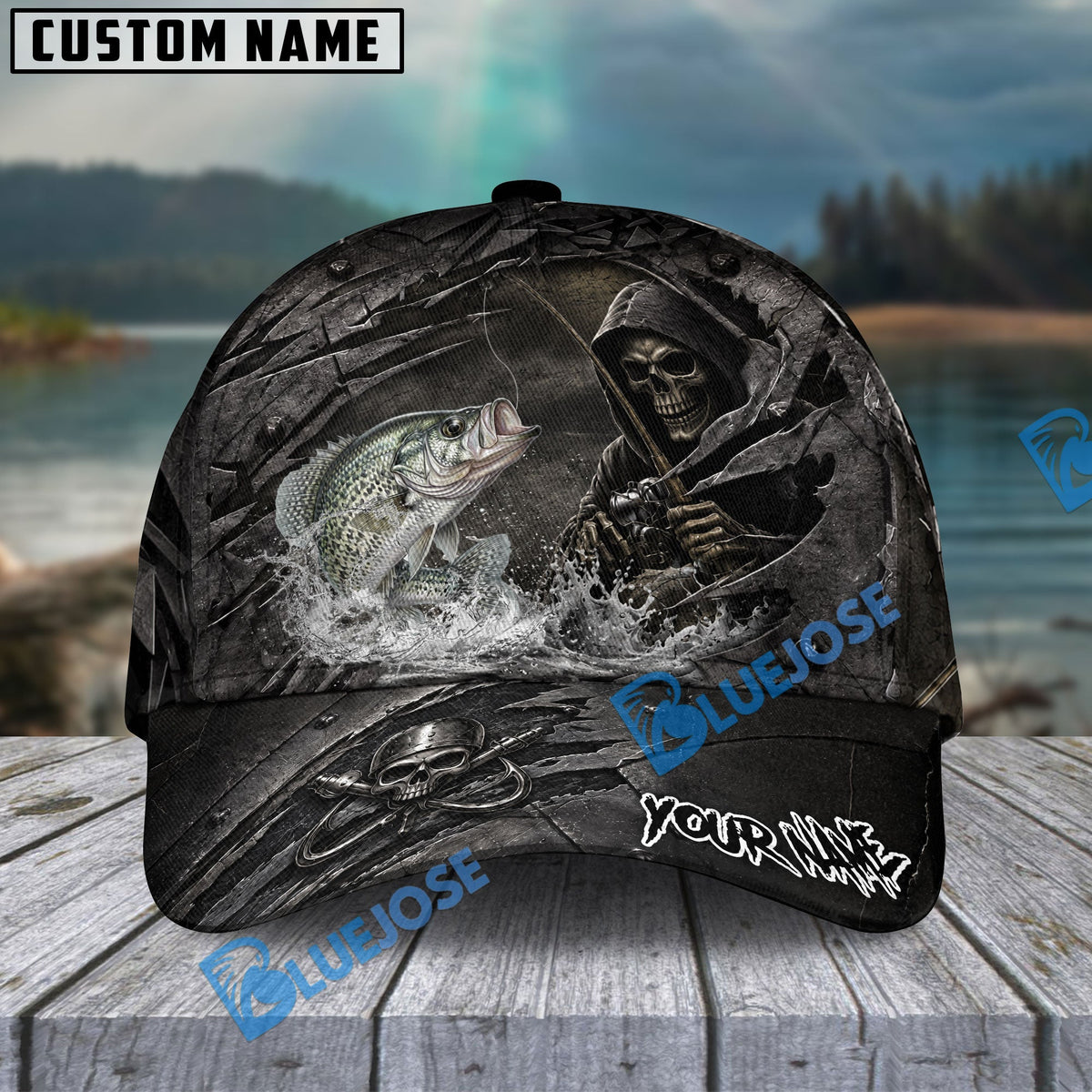 BlueJose Fishing Reaper Cracked Steel Skull Artwork Personalized Name Classic 3D Cap (13 Breeds)