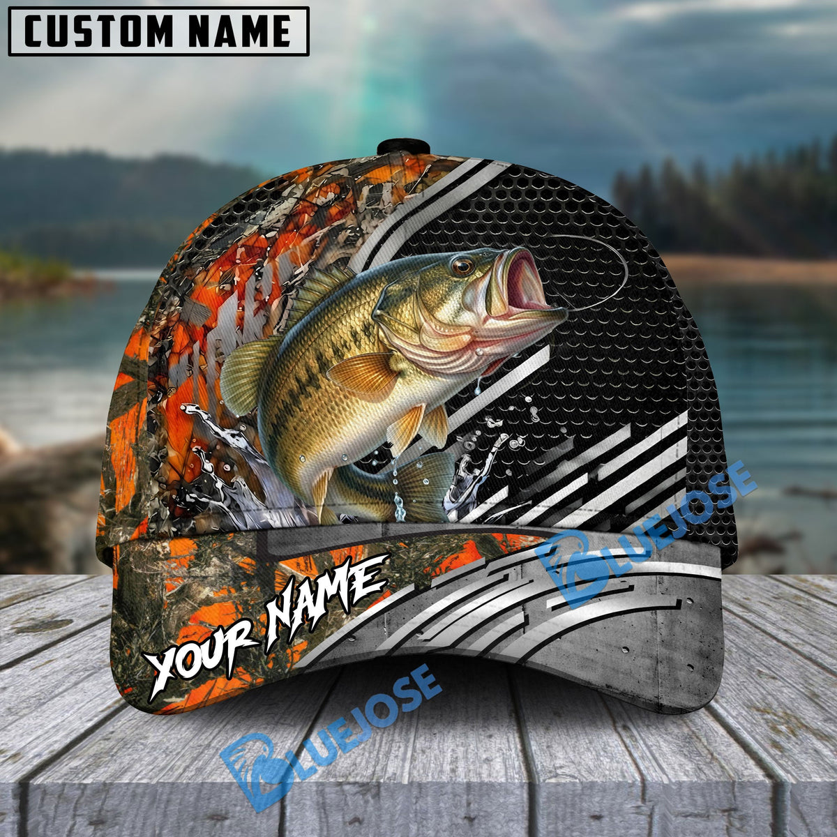 BlueJose Fishing Orange Camo Graphic Personalized Name Classic 3D Cap (13 Breeds)