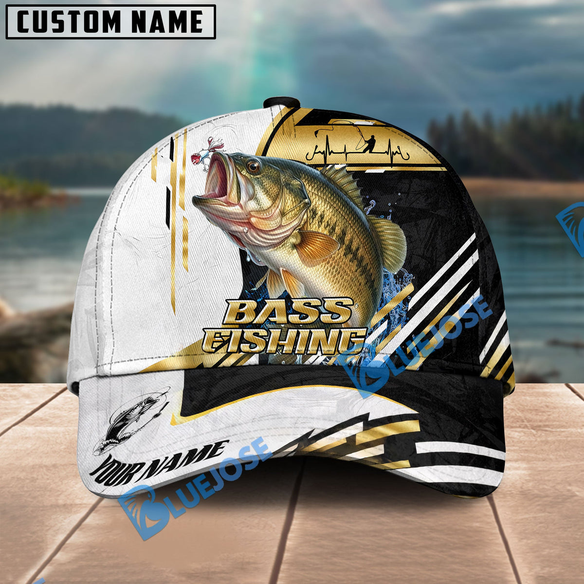 BlueJose Fishing Hook Graphic & Jumping Fish Art Personalized Cap (Tuna, Marlin, Mahi-Mahi, Pike, Bass, Walleye, Trout, Crappie)