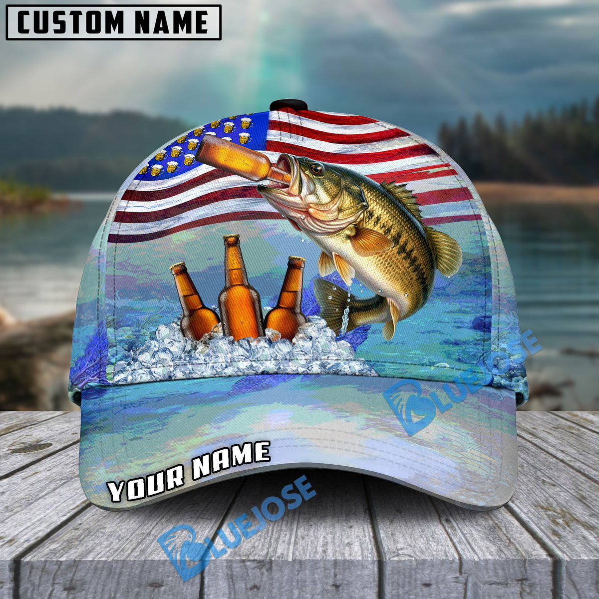 BlueJose Fishing American Flag Beer Personalized Cap (Bass, Walleye, Trout, Catfish, Crappie, Striped Bass, Salmon, Pike, Tuna, Marlin, Mahi-mahi)