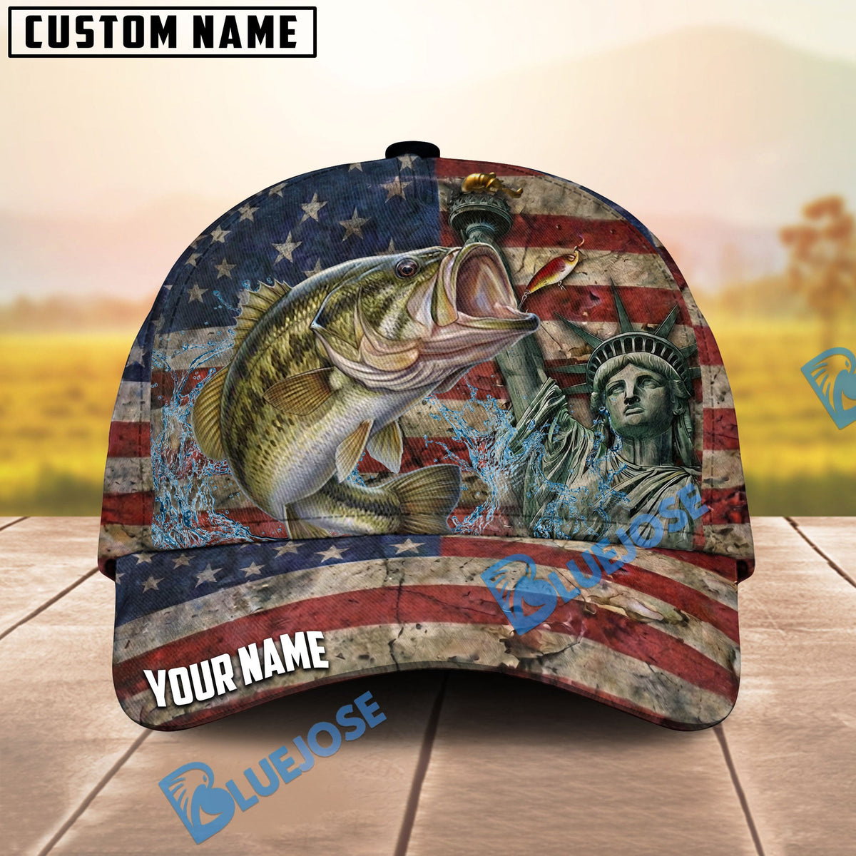 BlueJose Fishing Vintage USA Flag Statue Of Liberty Personalized Name Classic 3D Cap (13 Breeds)