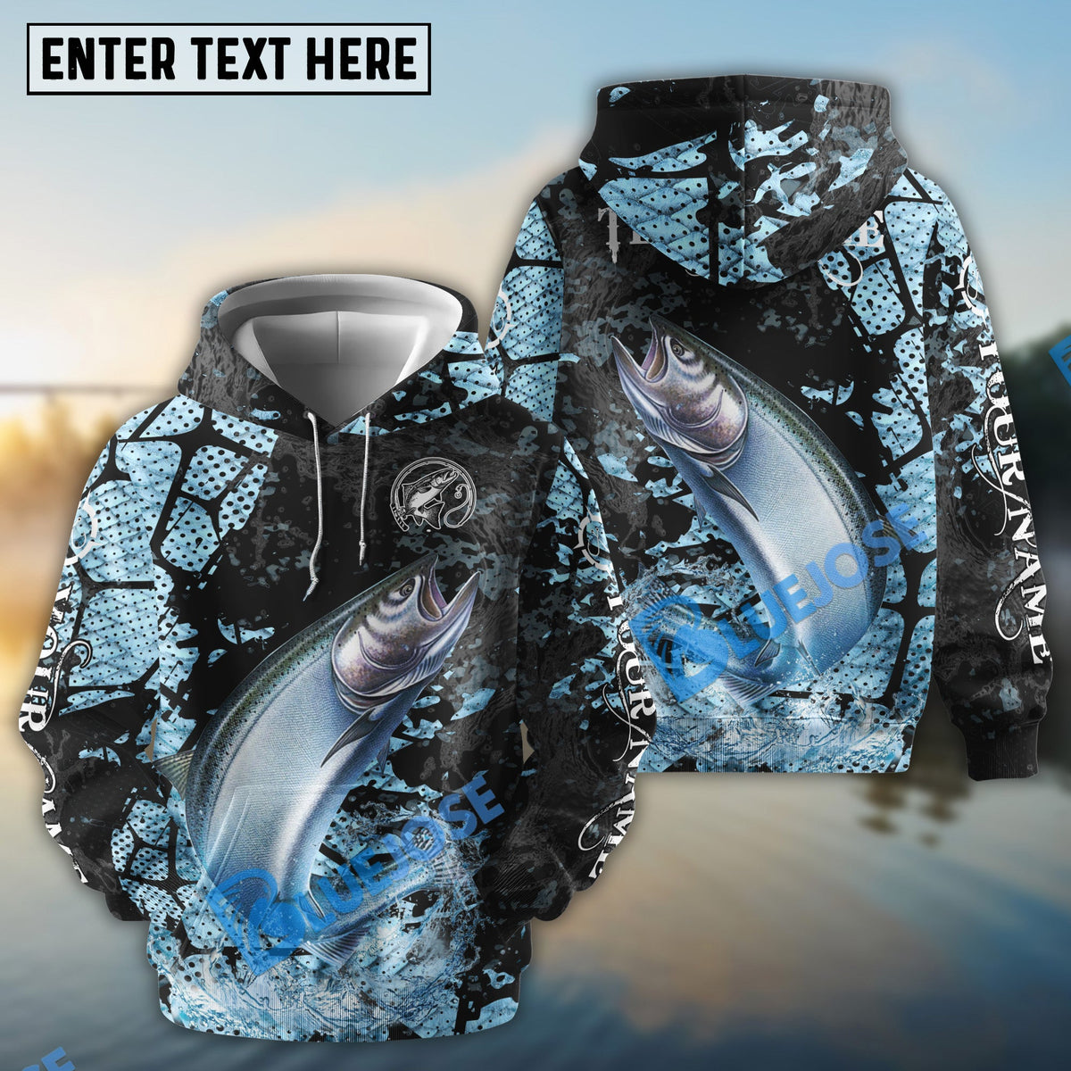 BlueJose Chinook Salmon Fishing Dark Water Art Style Custom Name & Team Name 3D Shirts