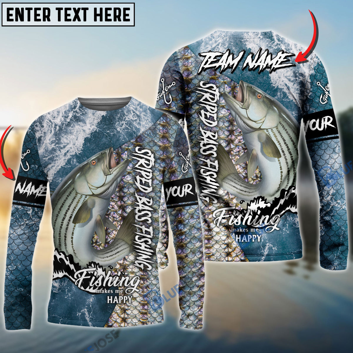 BlueJose Striped Bass Fishing Skin Seawave Custom Name & Team Name 3D Shirts