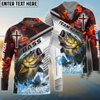 BlueJose Bass Fishing Red Flame With Cross Pattern Custom Name & Team Name 3D Shirts