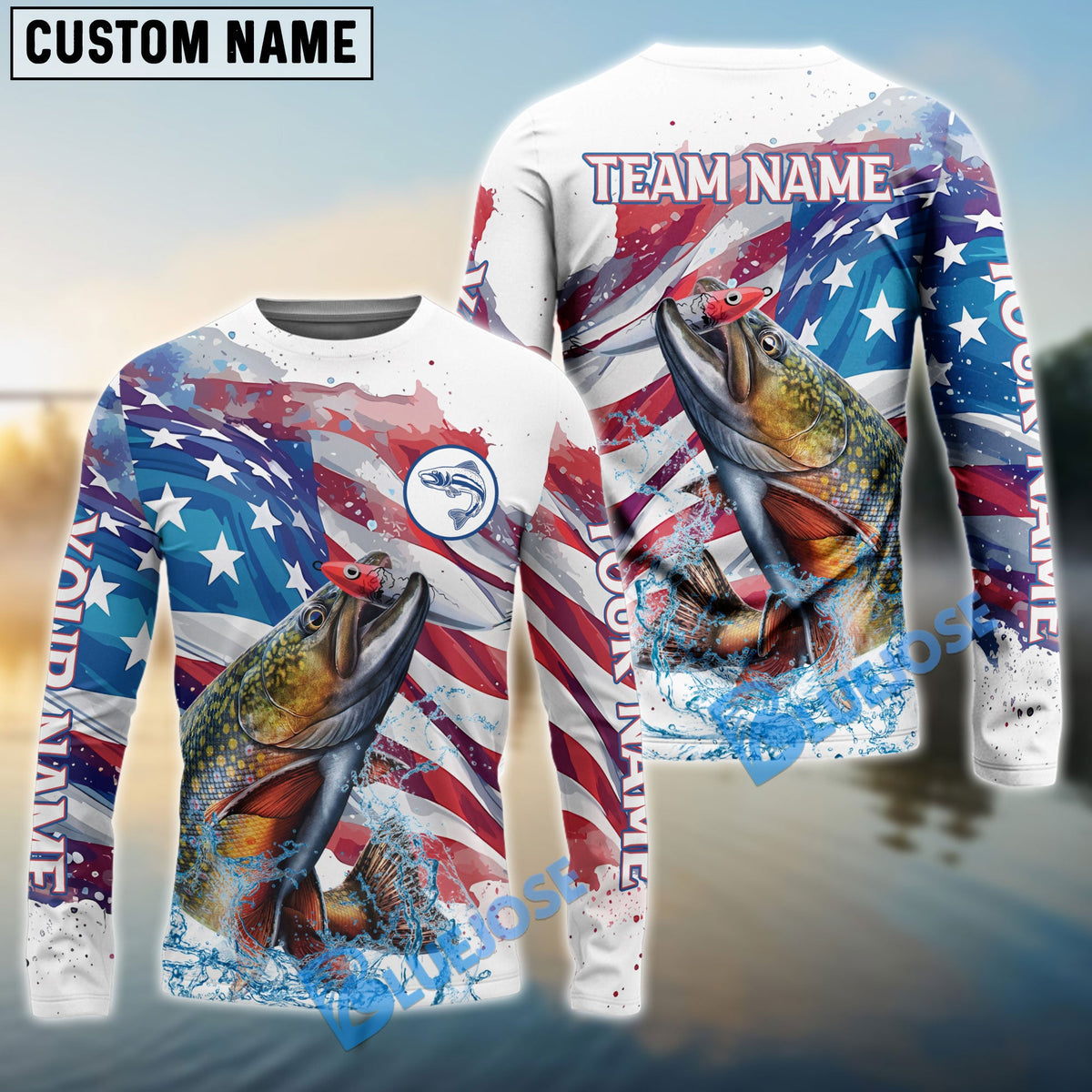 BlueJose Trout Fishing Watercolor USA Flag Custom Name & Team Name Shirts