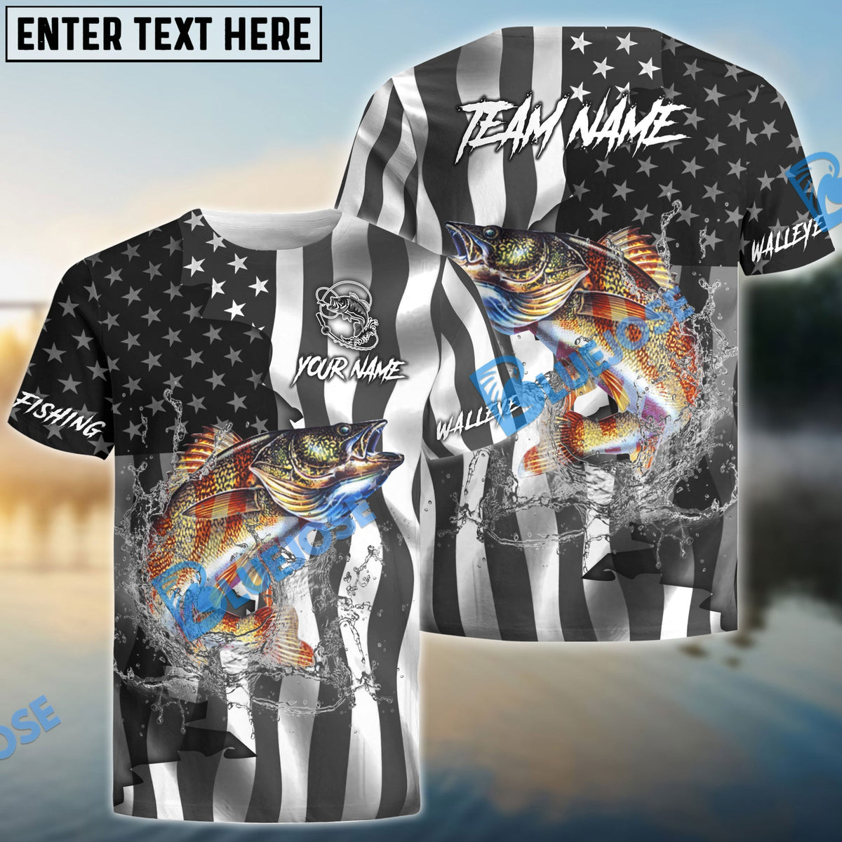 BlueJose Walleye Fishing Black American Flag Sport Custom Name & Team Name 3D Shirts