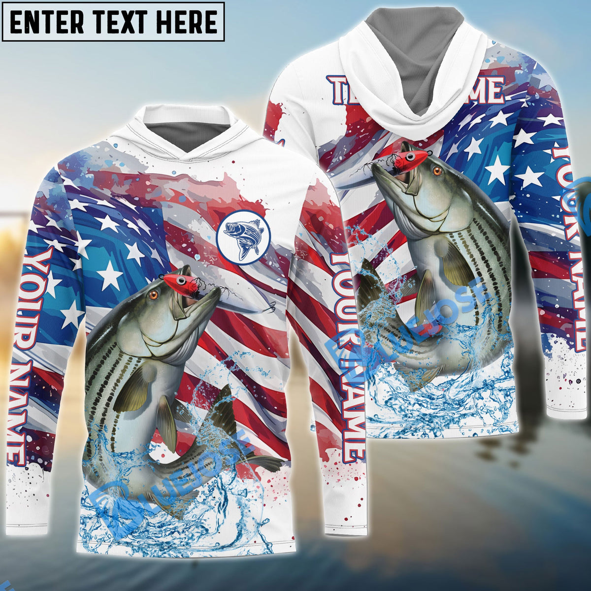 BlueJose Striped Bass Fishing Watercolor USA Flag Custom Name & Team Name Shirts
