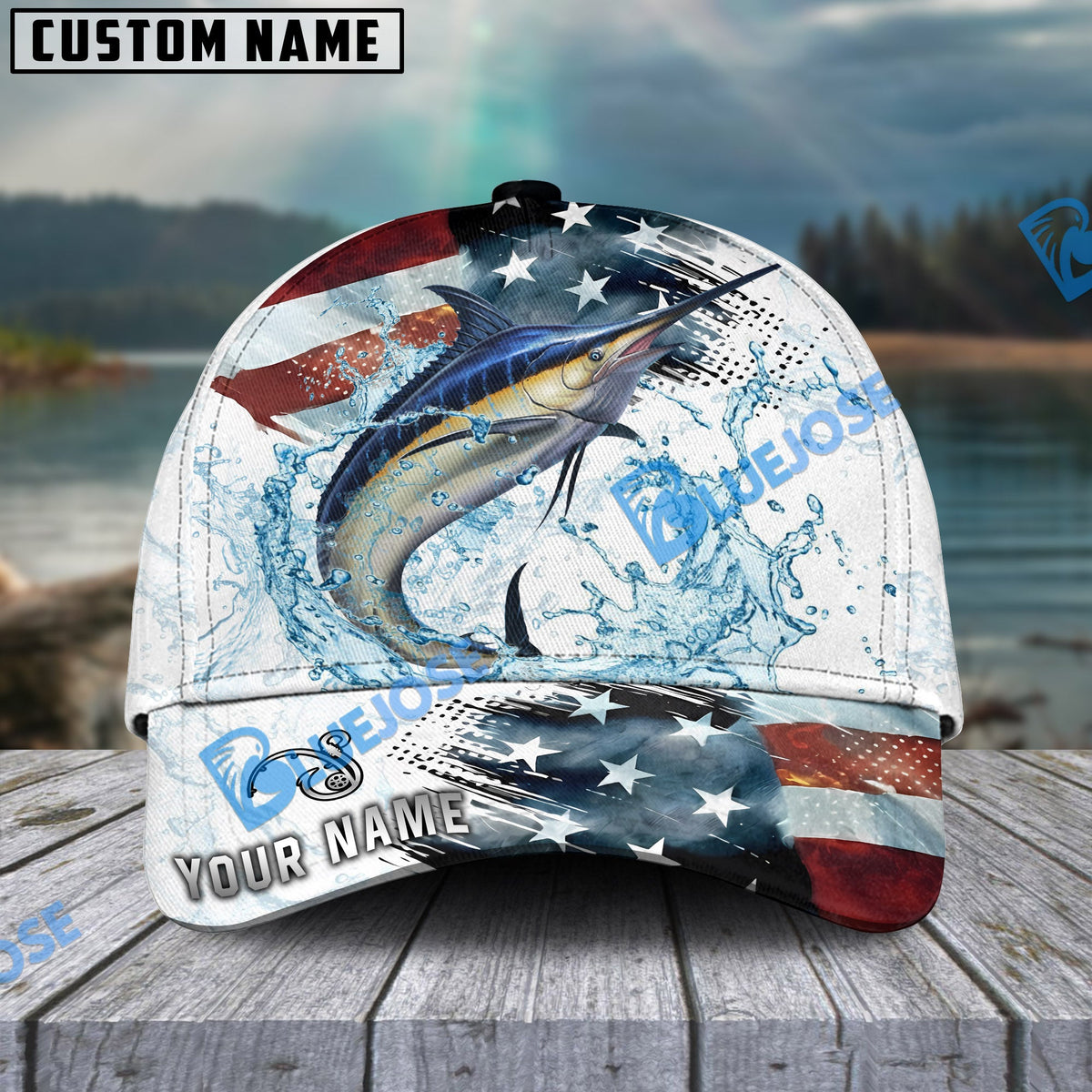 BlueJose Fishing Jump Action American Flag Water Splash Art Personalized Cap (12 Breeds)