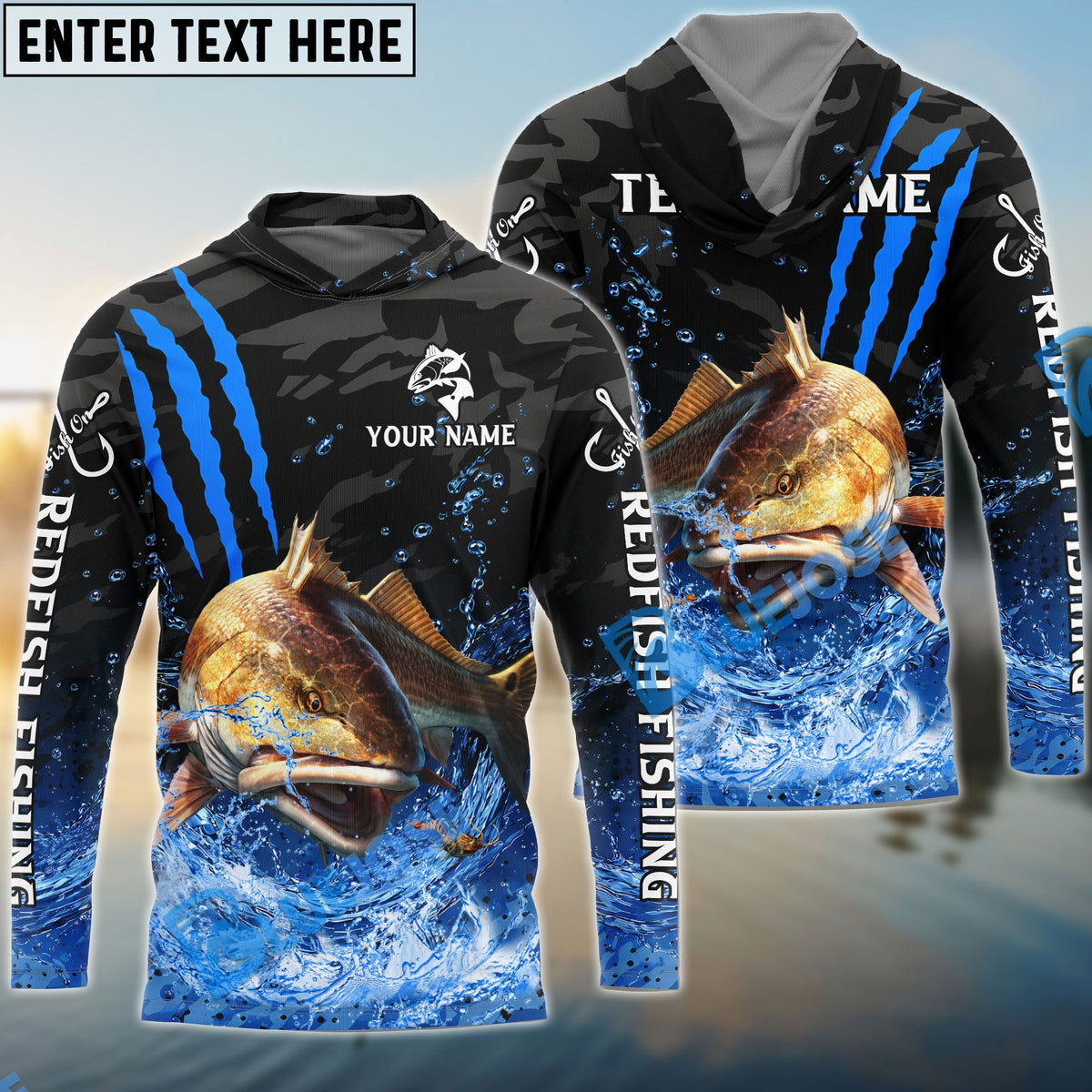 BlueJose Redfish Fishing Blue Scratch Camo Water Splash Custom Name & Team Name 3D Shirts