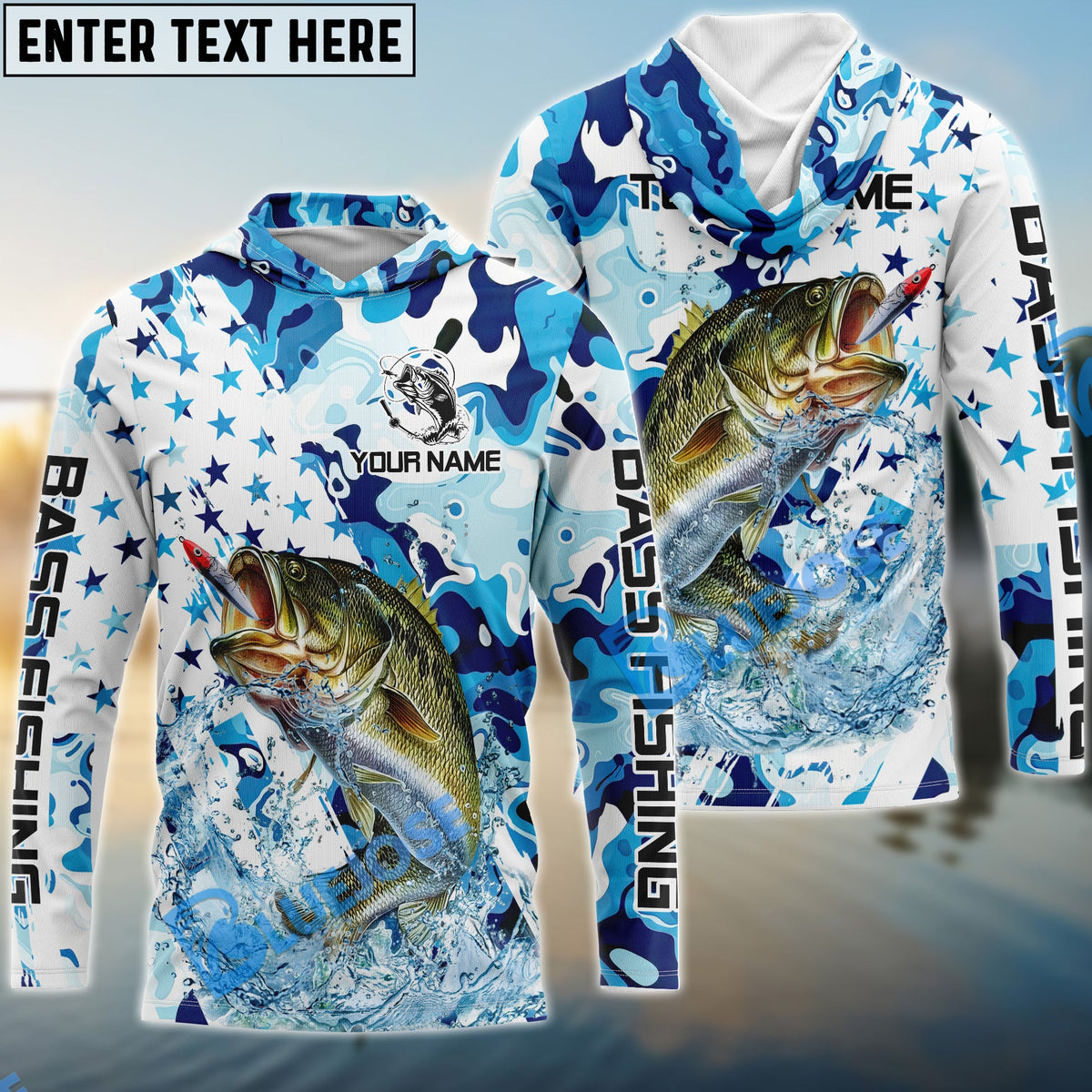 BlueJose Striped Bass Fishing Blue White American Flag Custom Name & Team Name 3D Shirts