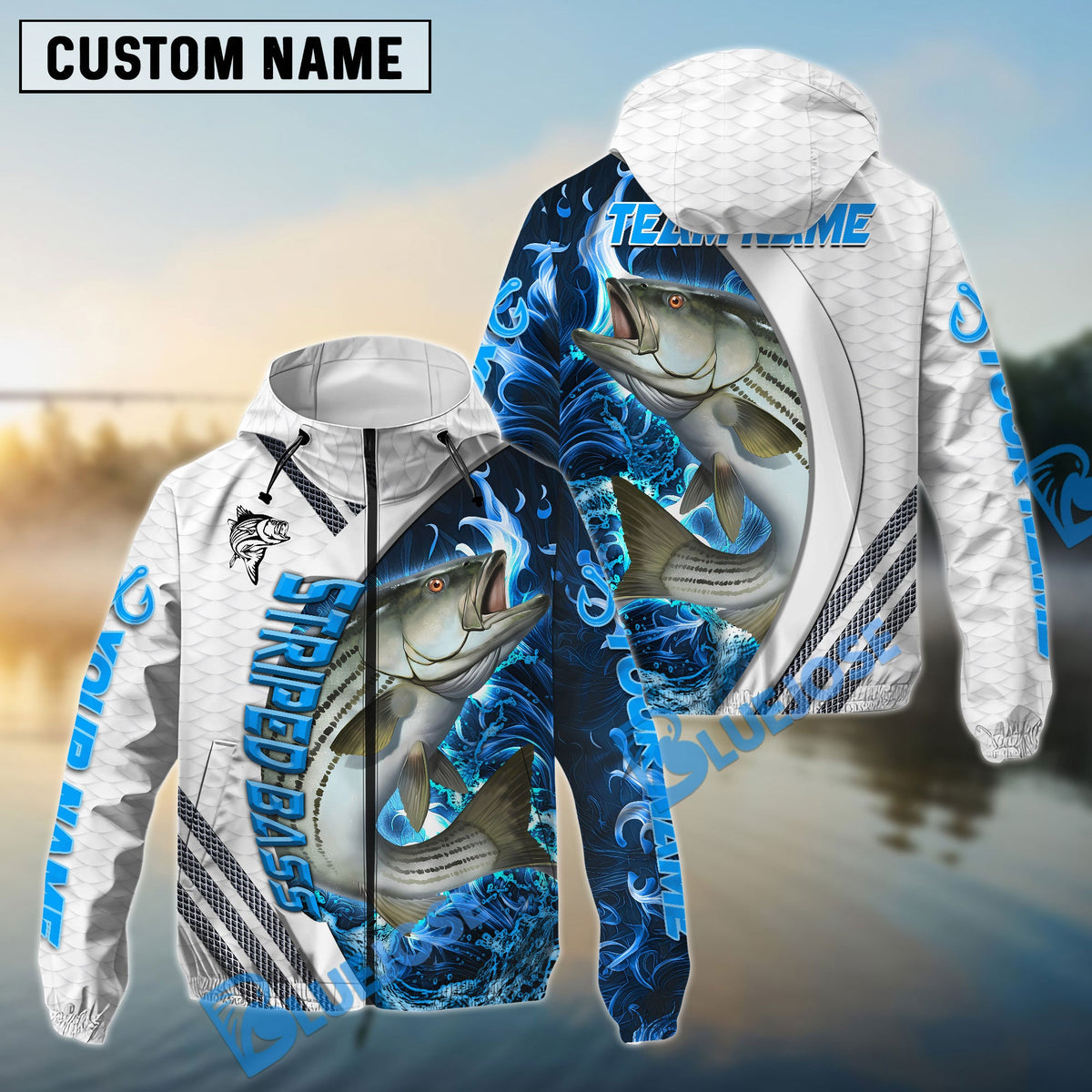 BlueJose Striped Bass Fishing White Blue Lava Sport Custom Name & Team Name 3D Shirts