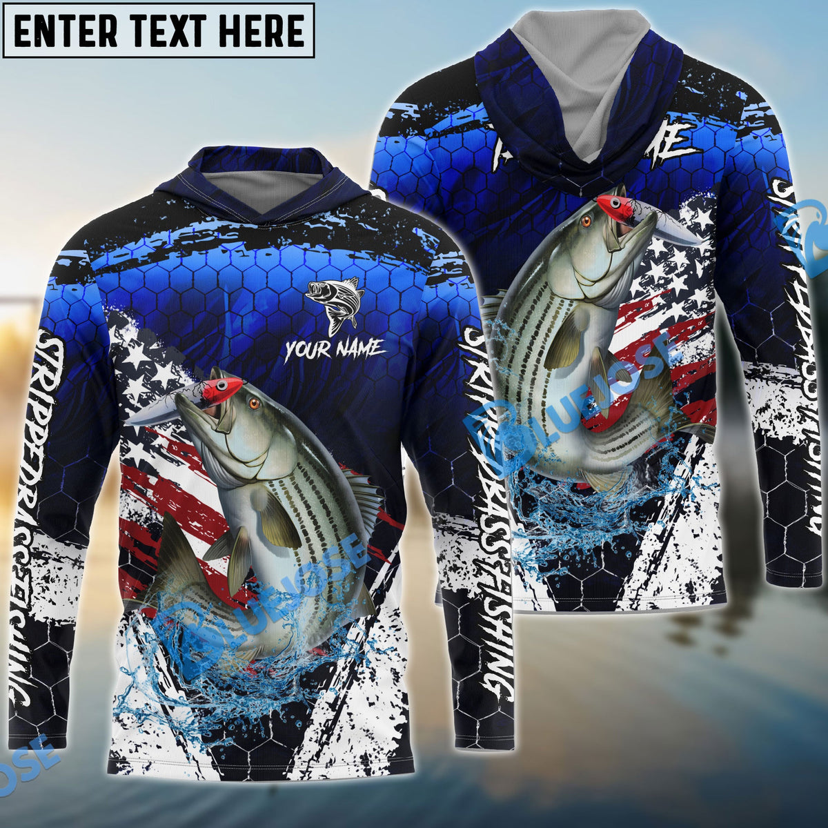 BlueJose Striped Bass Fishing Dark Blue Scratch American Flag scratch Sport Custom Name & Team Name 3D Shirts