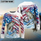 BlueJose Striped Bass Fishing Watercolor USA Flag Custom Name & Team Name Shirts