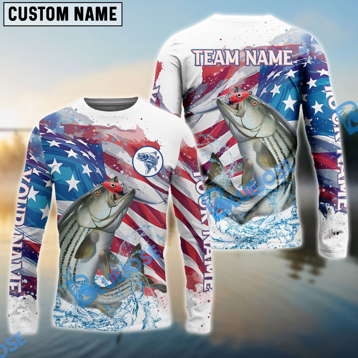 BlueJose Striped Bass Fishing Watercolor USA Flag Custom Name & Team Name Shirts