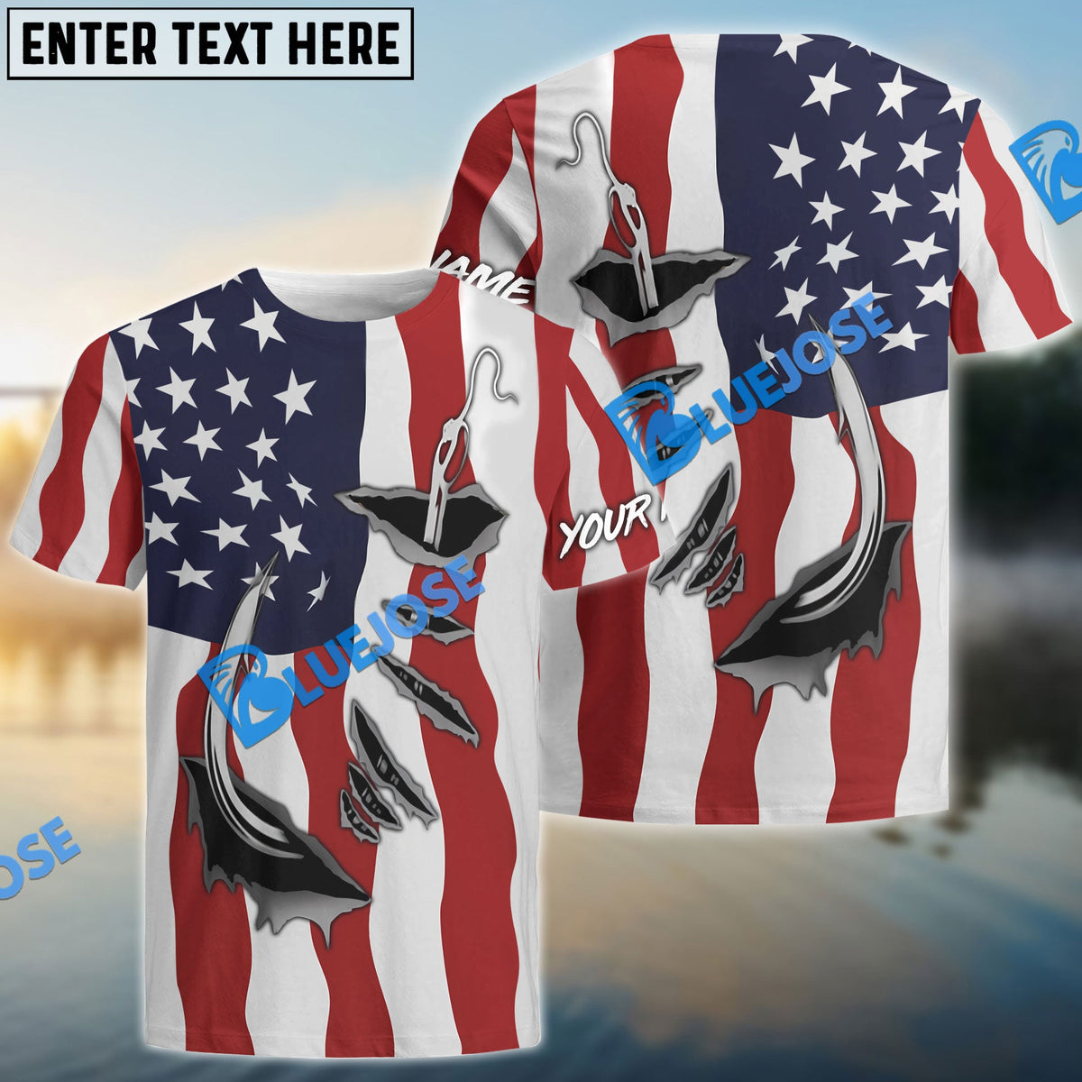 BlueJose Us Fishing Fish Hook American Flag   Custom Long Sleeves Shirts  Patriotic