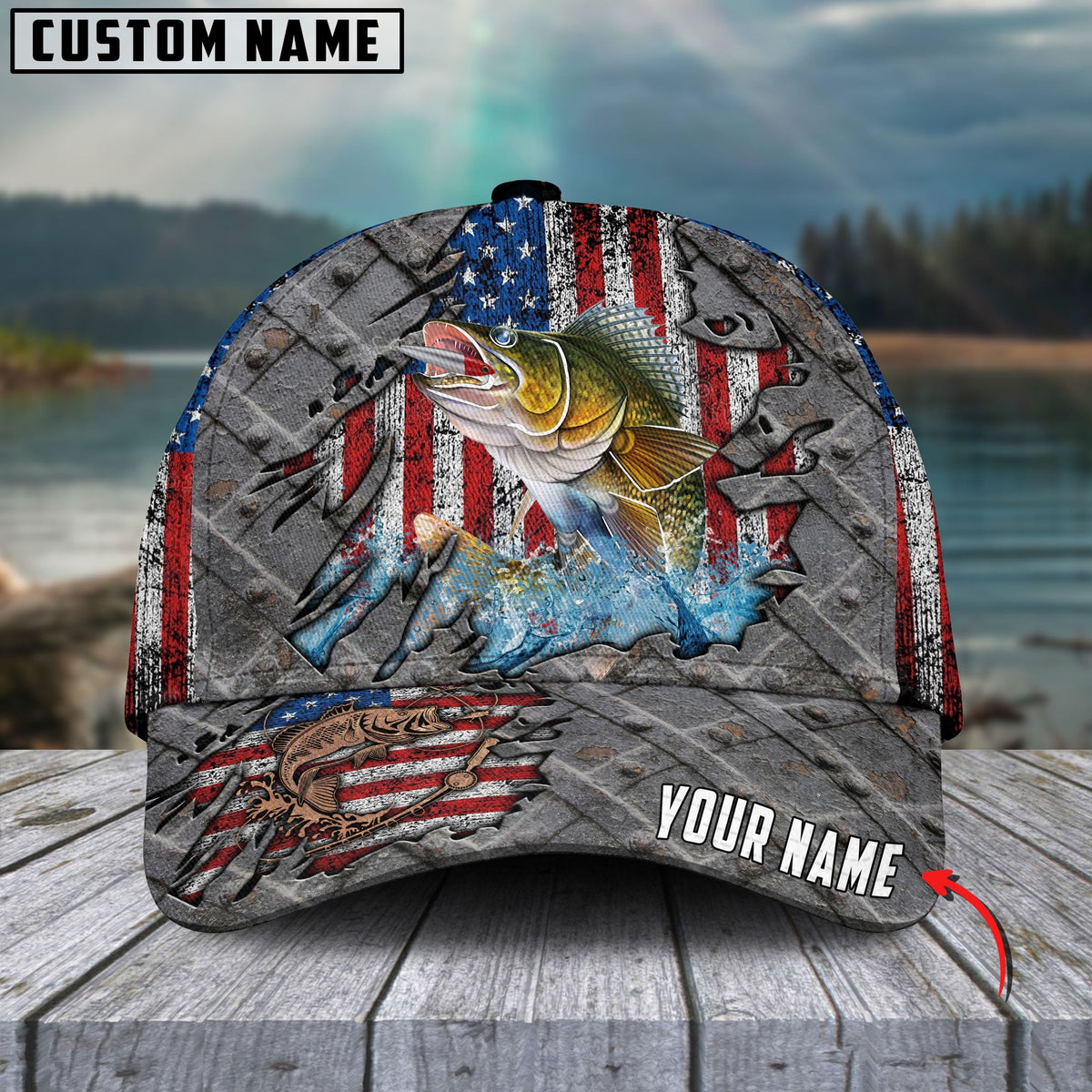 BlueJose Walleye Fishing US Flag Personalized Cap