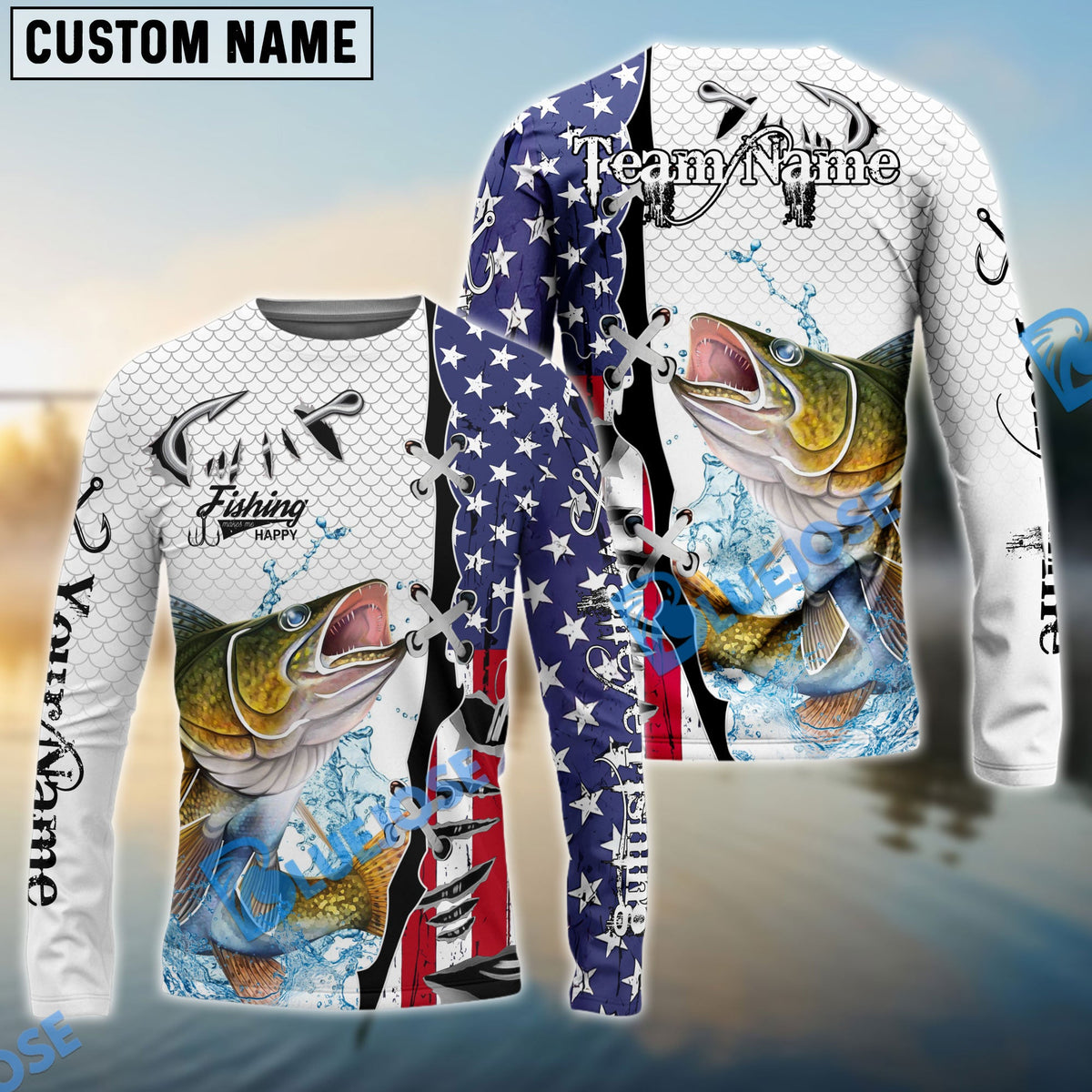 BlueJose Walleye Fishing American Flag Splash Custom Name & Team Name 3D Shirts
