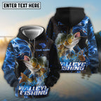 BlueJose Walleye Fishing Blue Flame Smoke Line Premium Style Sport Custom Name & Team Name 3D Shirts