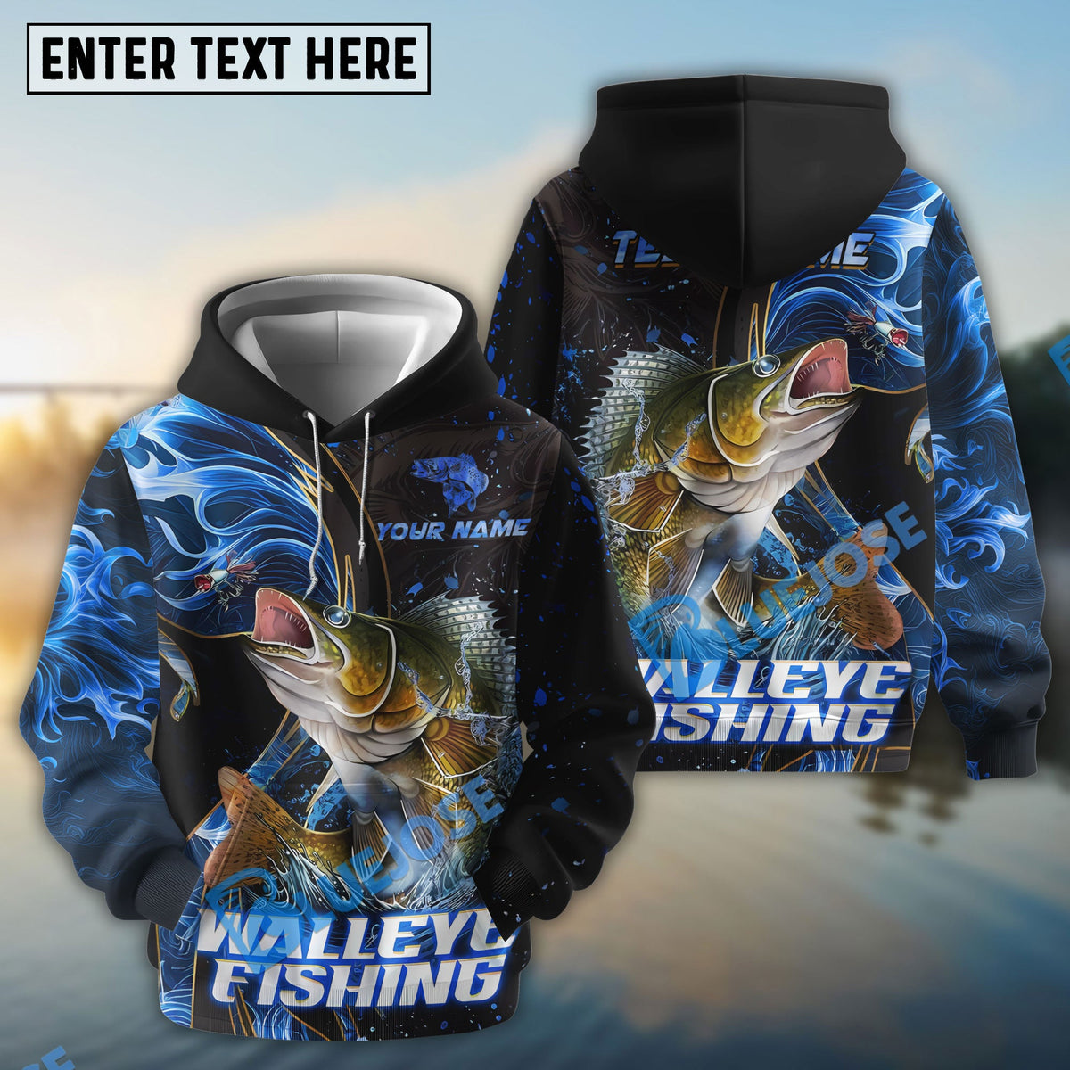 BlueJose Walleye Fishing Blue Flame Smoke Line Premium Style Sport Custom Name & Team Name 3D Shirts