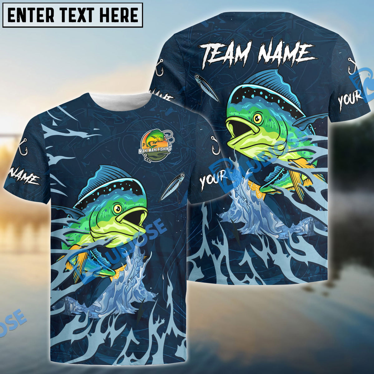 BlueJose Mahi-Mahi Fishing Navy Water Pattern Custom Name & Team Name 3D Shirts