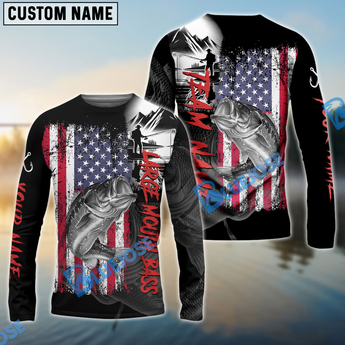 BlueJose Large Mouth Bass Fishing  Black US Flag Sport Custom Name & Team Name 3D Shirts