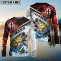 BlueJose Bass Fishing Red Flame With Cross Pattern Custom Name & Team Name 3D Shirts
